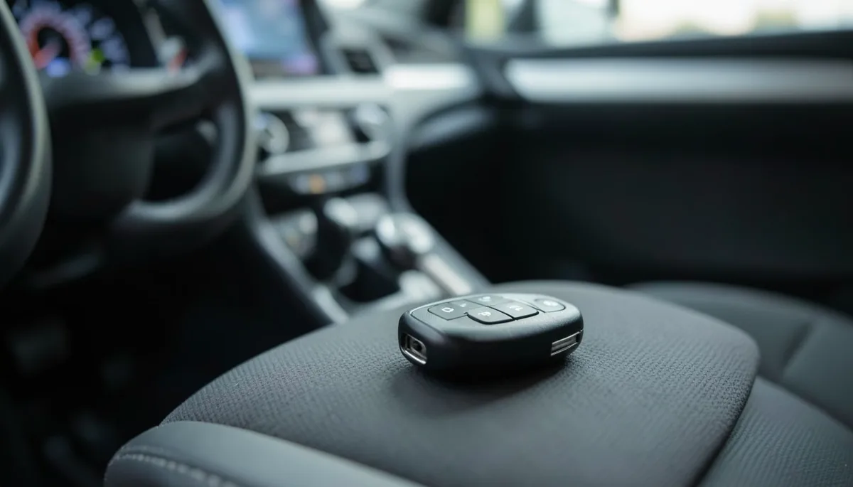 Rental car key fob resting on the driver seat with the dashboard blurred behind it