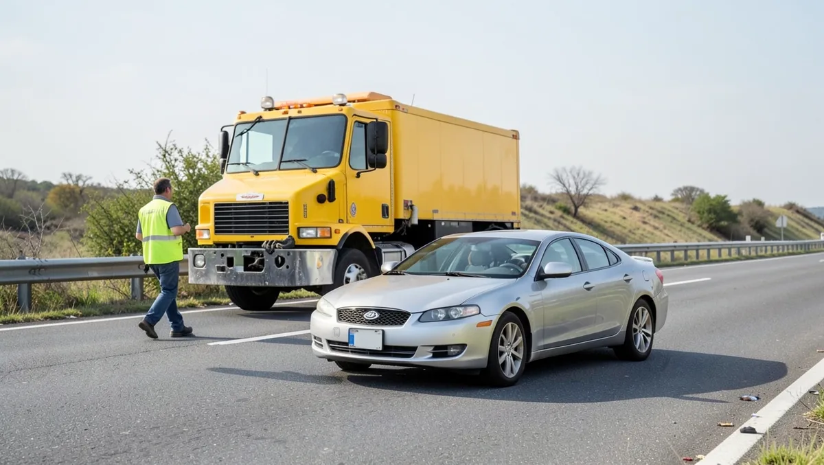 Roadside assistance technician walking toward a stopped rental car on a highway shoulder