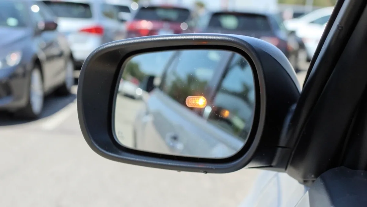 Car side mirror with an amber aftermarket blind-spot warning light glowing inside the glass