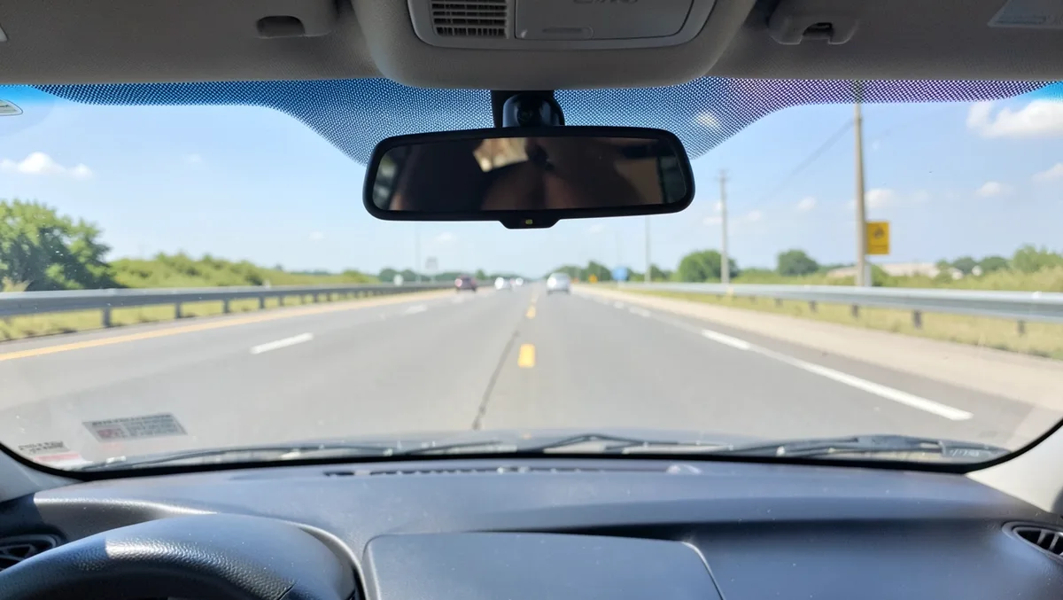 Small aftermarket dash camera mounted behind the rearview mirror, view through a car windshield onto a highway