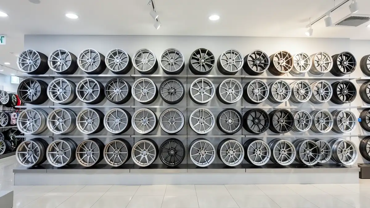 Wall display of aftermarket alloy wheels in different sizes and finishes at a wheel and tire retail store