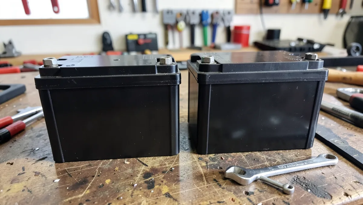 Two different sized 12-volt AGM car audio batteries side by side on a workbench, illustrating capacity differences for deep cycle battery sizing