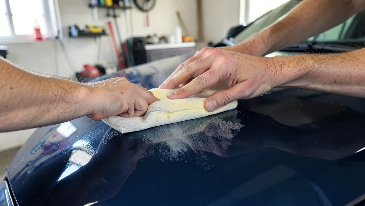 Hands applying a protective wax coating to freshly buffed car paint with a foam applicator