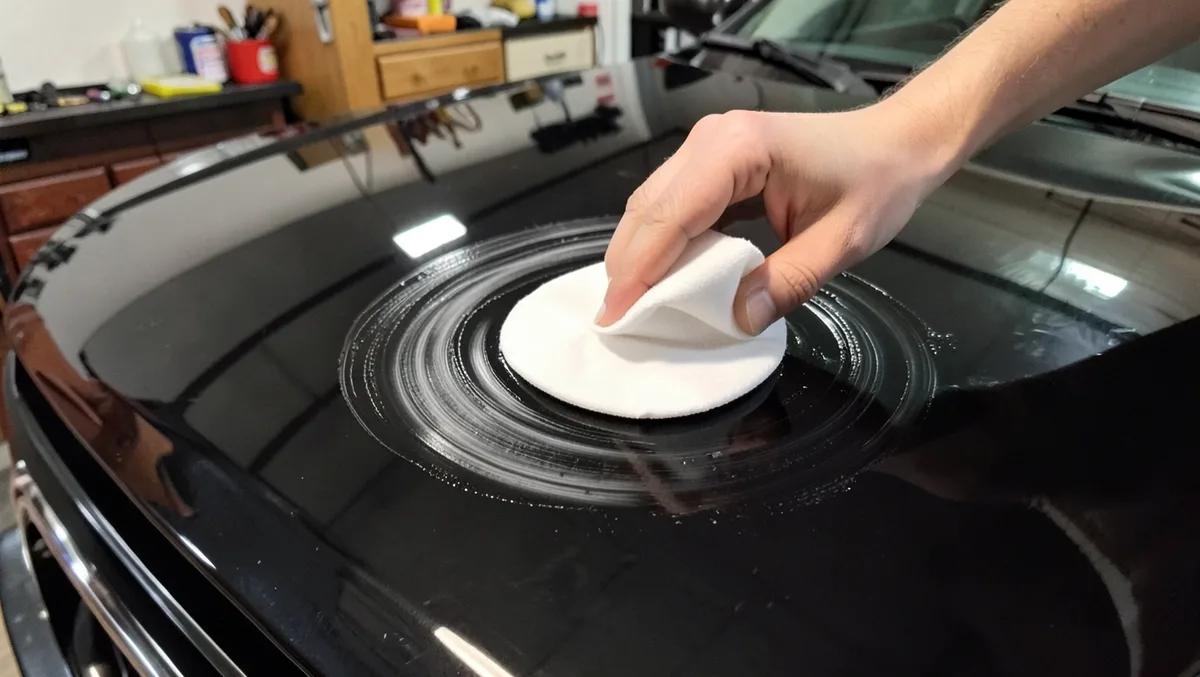 hand applying wax sealant to a car hood after polishing