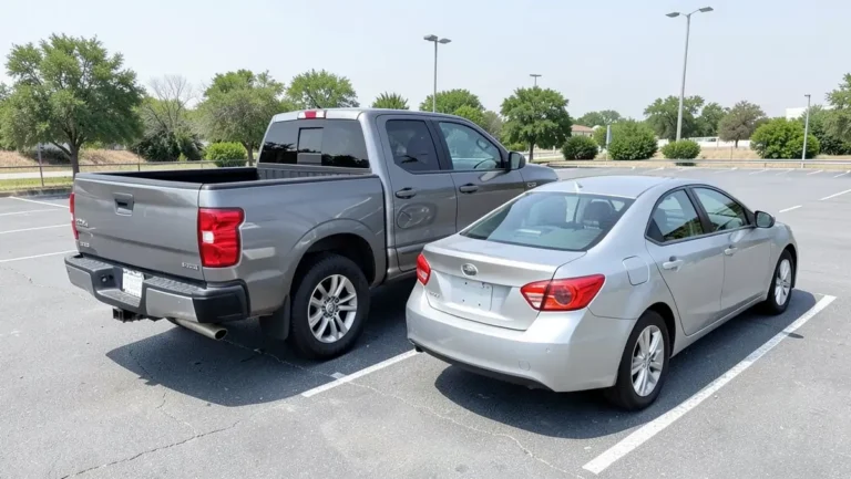 Pickup truck and sedan parked side by side showing the height and size difference between the two vehicle types