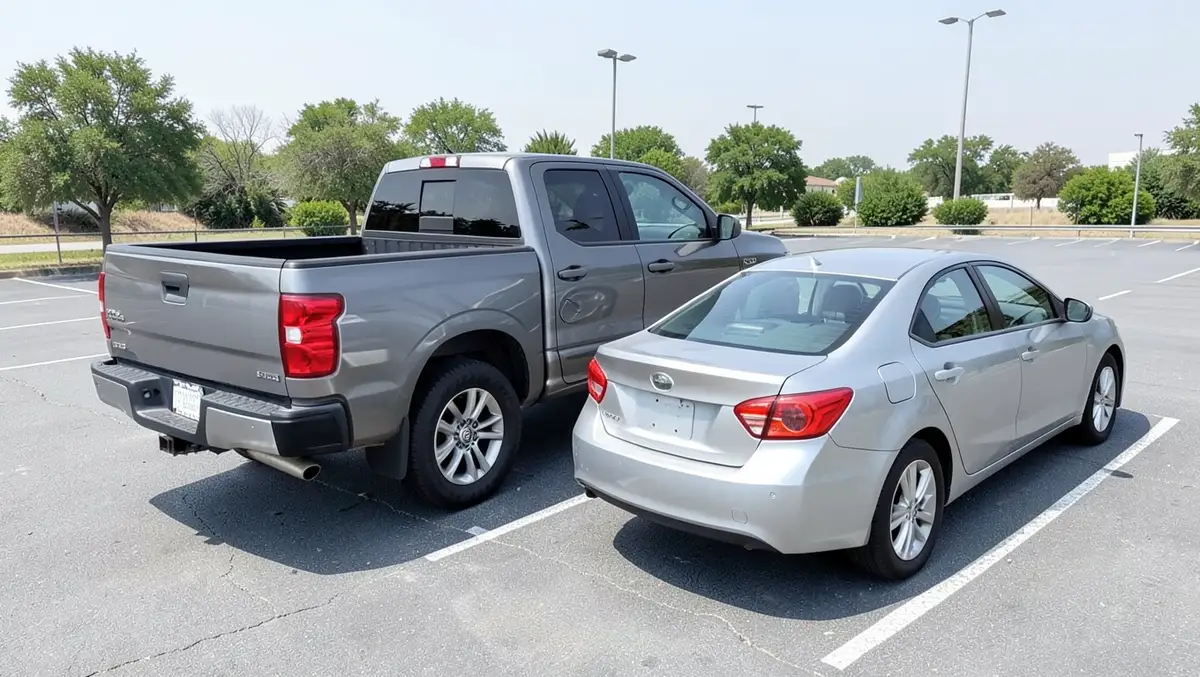 Pickup truck and sedan parked side by side showing the height and size difference between the two vehicle types