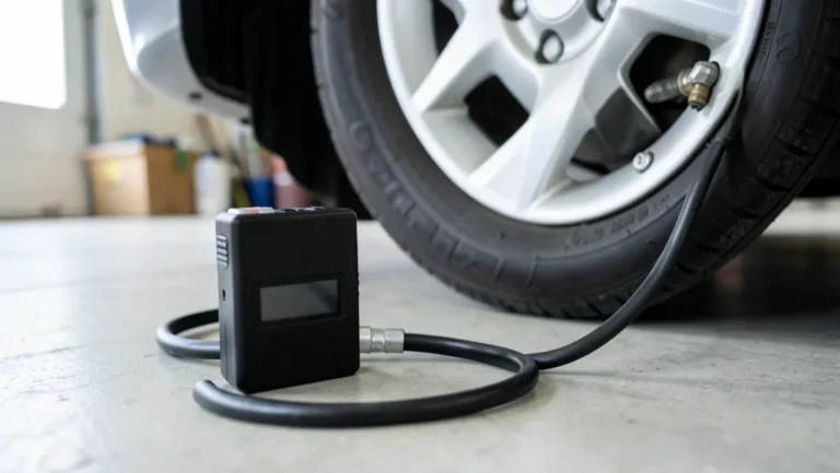 Portable digital tire inflator connected by a hose to a car tire valve stem on a garage floor