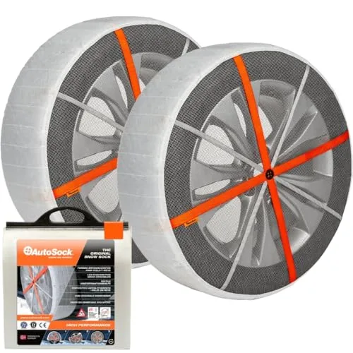 AutoSock HP697 snow socks stretched over a car wheel, pack of two