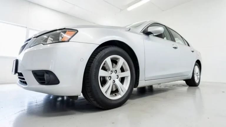 Front tire and wheel of a hybrid sedan parked in a service garage