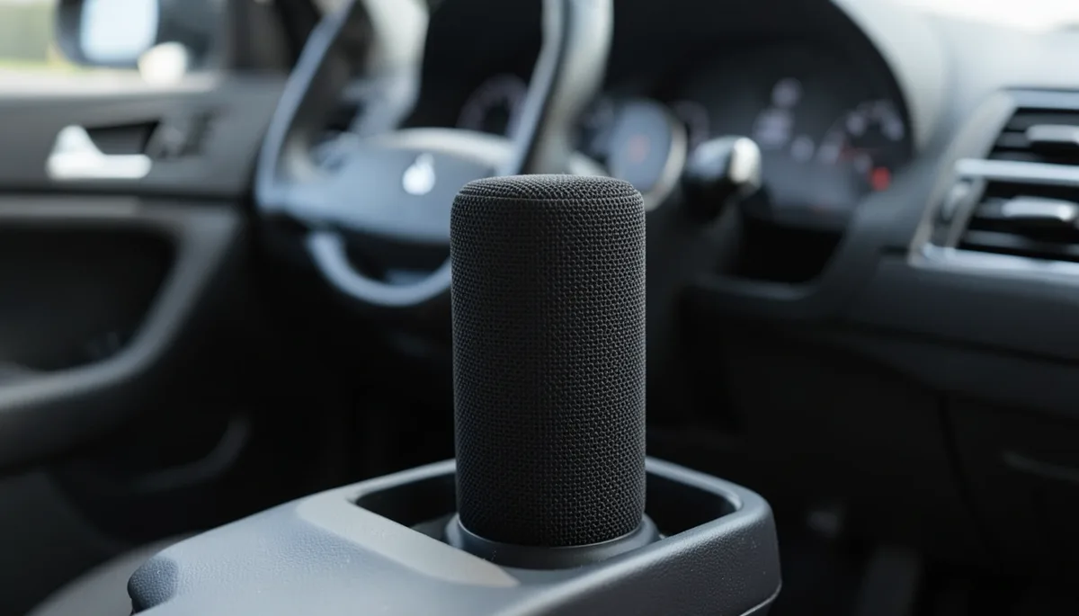 Portable Bluetooth speaker sitting in a car cup holder with the dashboard blurred behind it