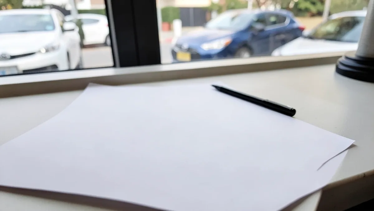 Blank rental paperwork and a pen on a counter desk with parked cars visible outside the window
