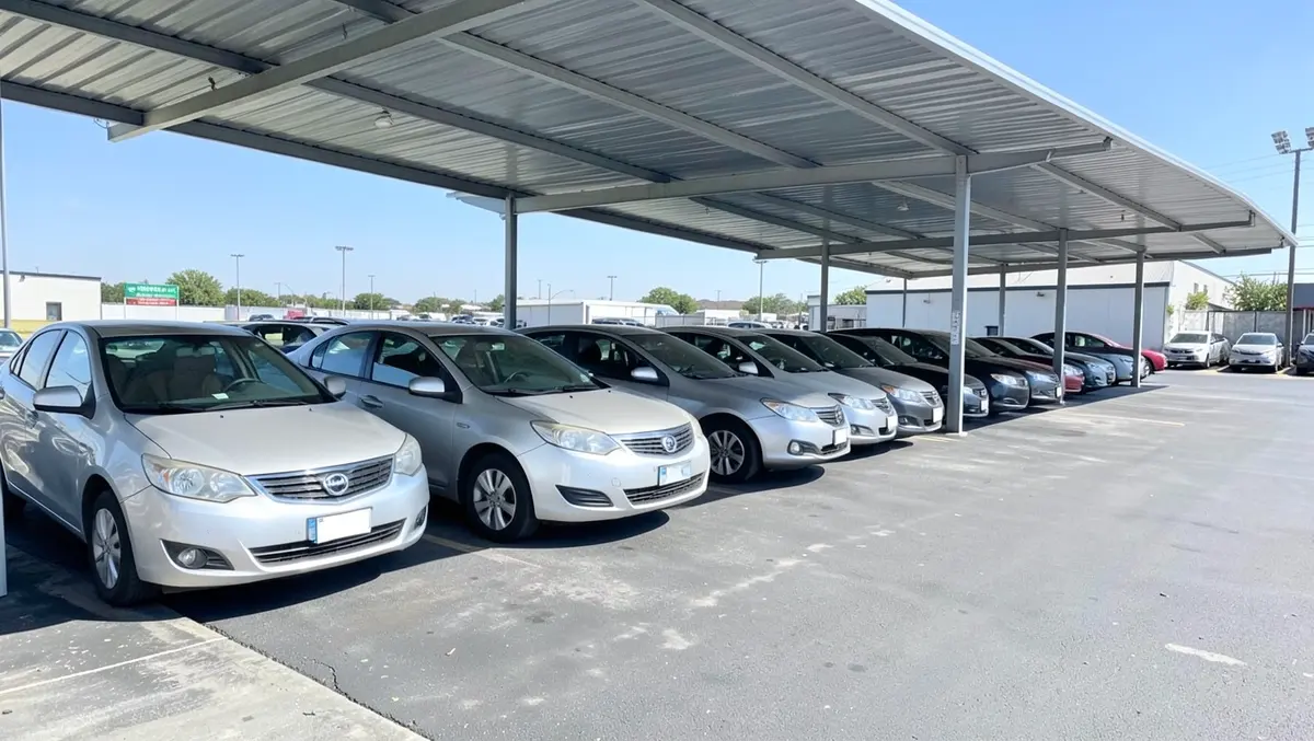 Row of rental sedans parked under a covered canopy at a rental car lot