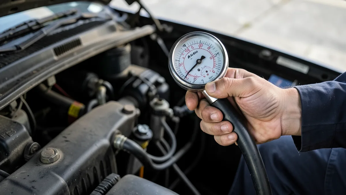 Mechanic connecting an AC recharge gauge and hose to a car for a refrigerant recharge