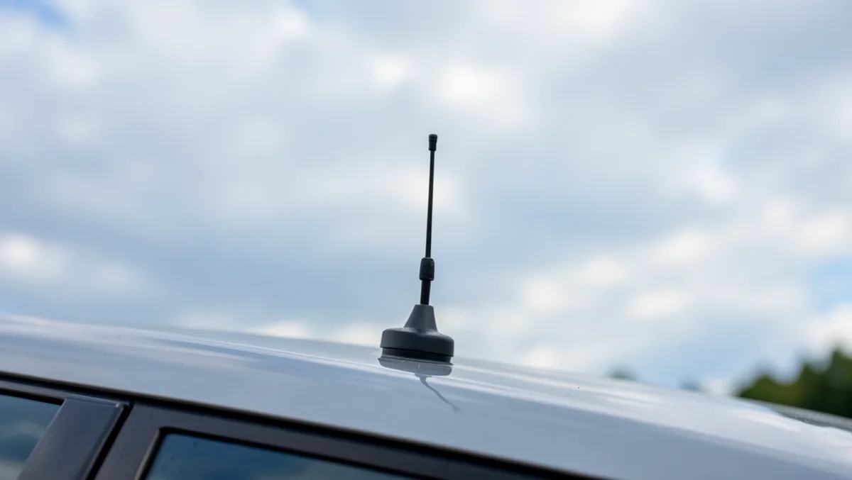 Short antenna mounted on a car roof against a cloudy sky
