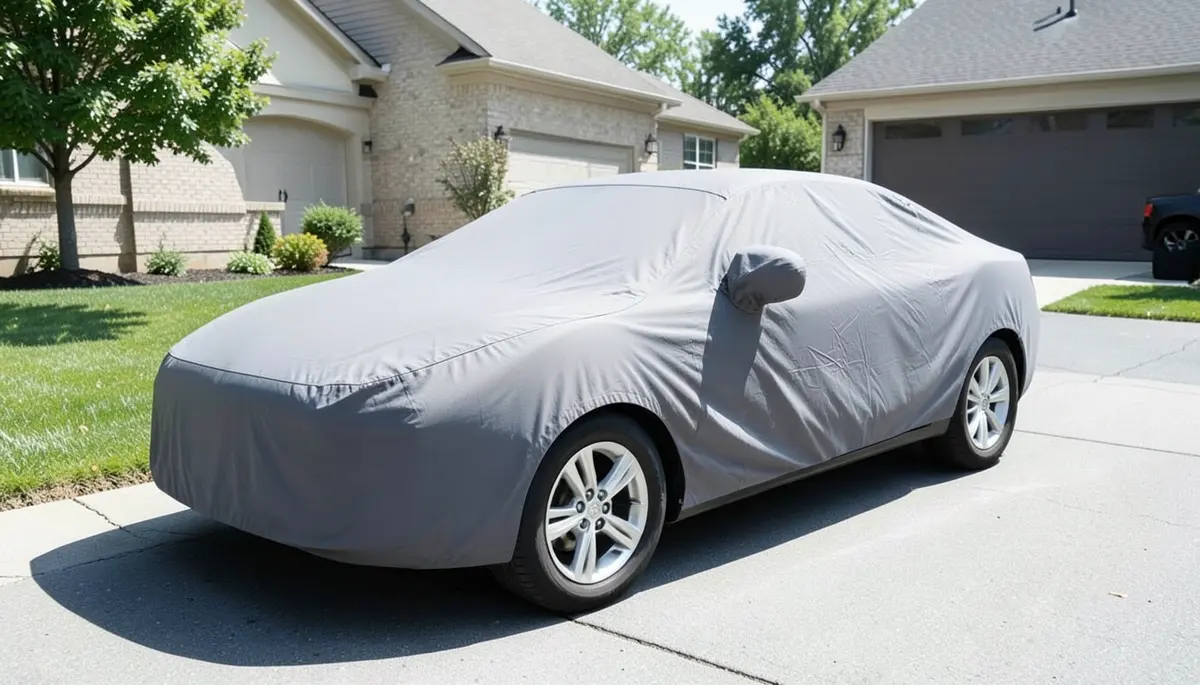 A gray fitted car cover protecting a car parked in a driveway