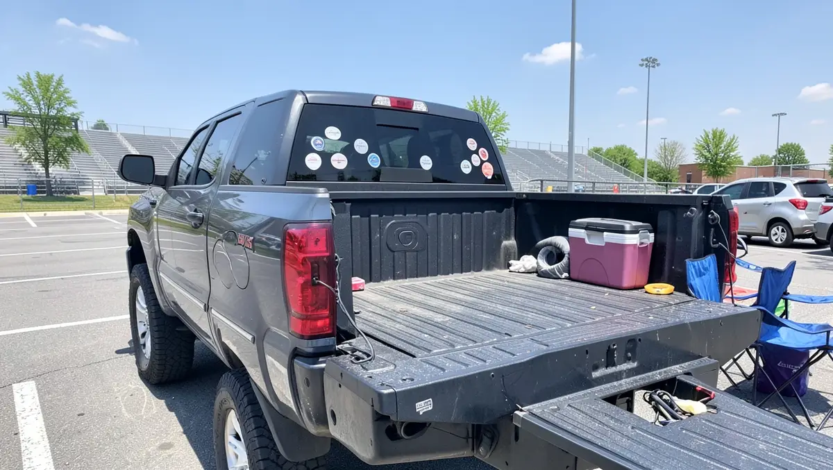 Pickup truck tailgate in a stadium parking lot with small sticker decals on the rear window
