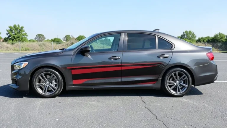 Dark sedan with a bold red and black side stripe decal, representing the style of aftermarket car decals for a Dodge Charger