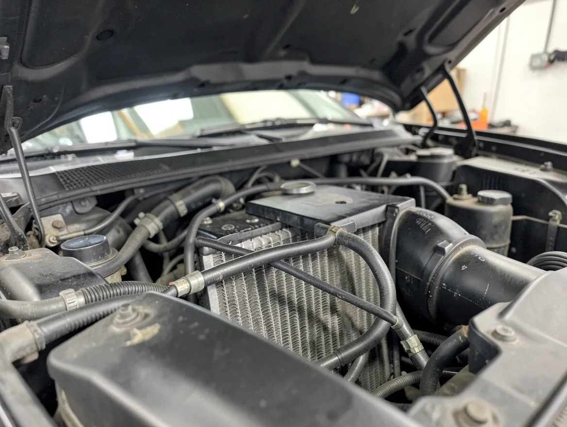 close-up of a car engine bay radiator and cooling fan while the engine runs