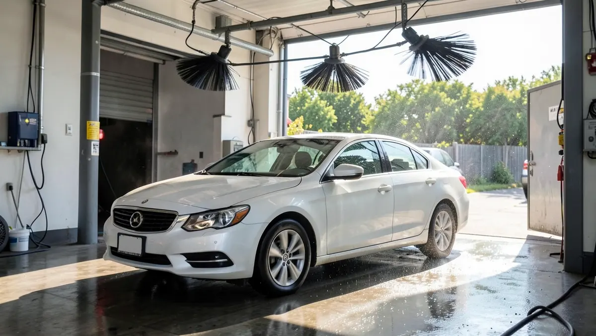 Clean car driving out of a car wash exit under overhead drying blowers