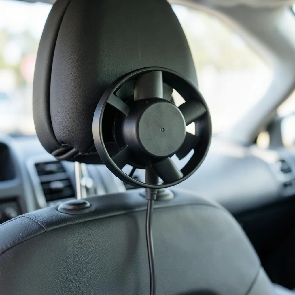 Black 12V clip-on cooling fan clamped to a car headrest, cord running to the cigarette lighter plug
