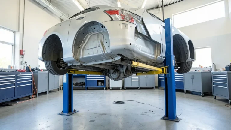 Car raised on a two-post lift showing the underside frame rails and suspension in an auto body shop