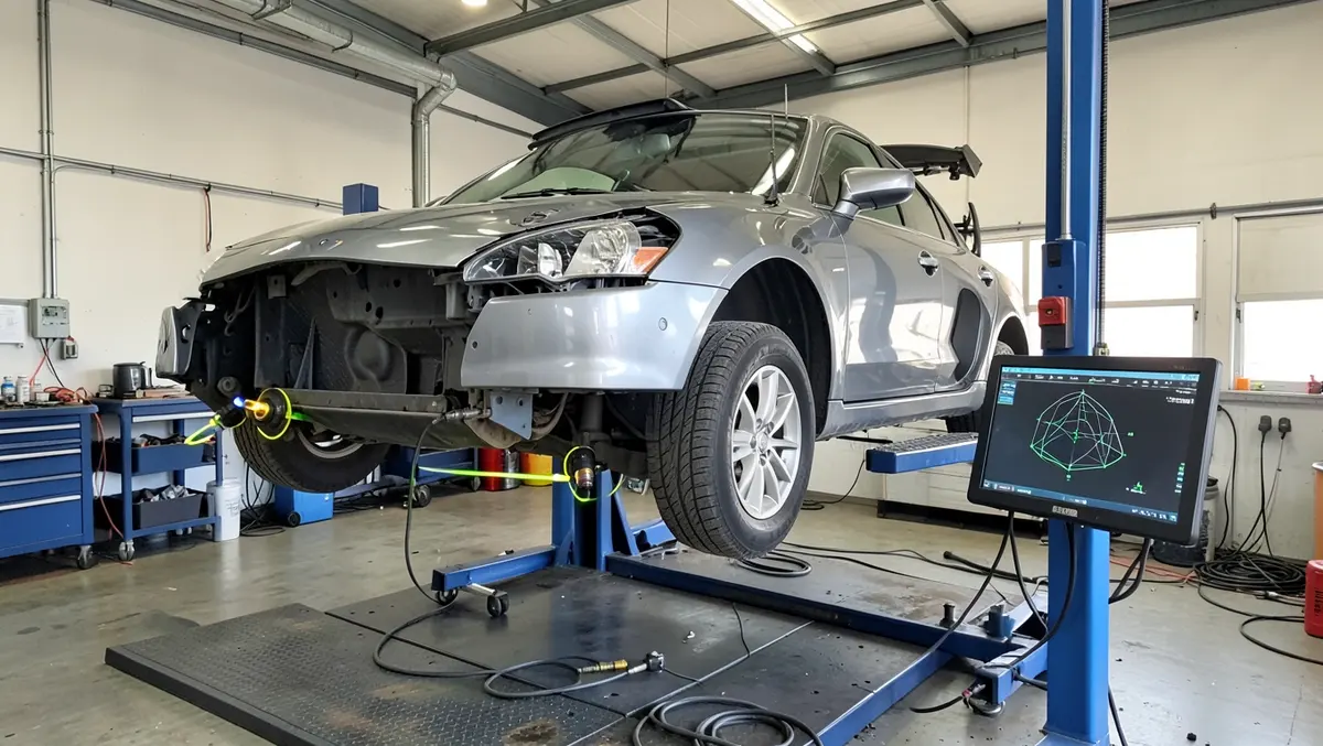 Car on a computerized frame measuring system with laser sensor targets in an auto body shop