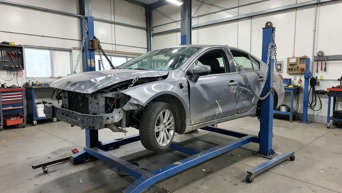 Damaged car anchored to a hydraulic frame straightening rack with pulling chains in a body shop