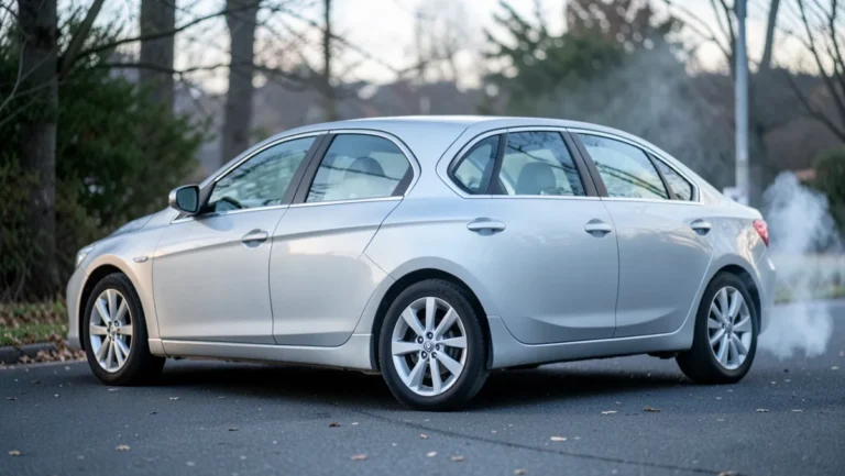 silver sedan idling outdoors with visible exhaust vapor from the tailpipe