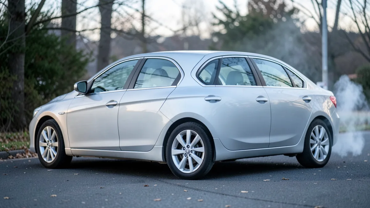 silver sedan idling outdoors with visible exhaust vapor from the tailpipe