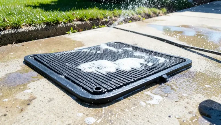 Black rubber car floor mat being rinsed clean with a garden hose on a driveway
