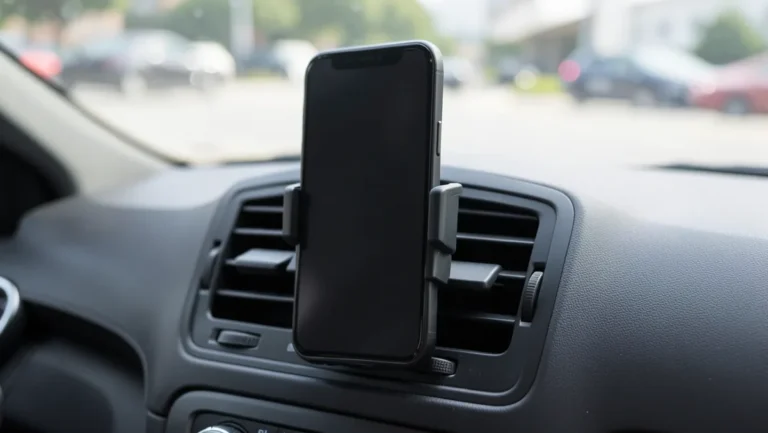 Smartphone secured in a black plastic vent-clip mount on a car dashboard air vent