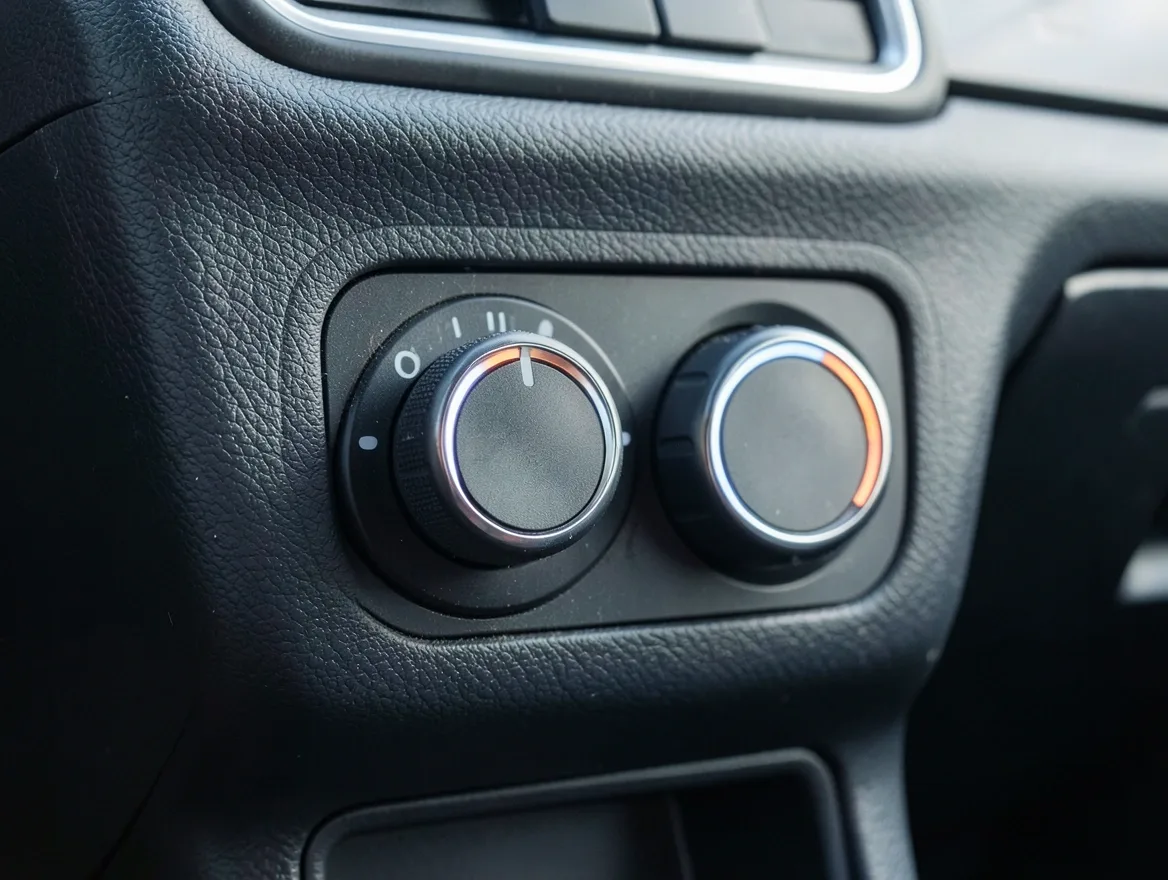 Close-up of car dashboard fan speed and temperature control dials