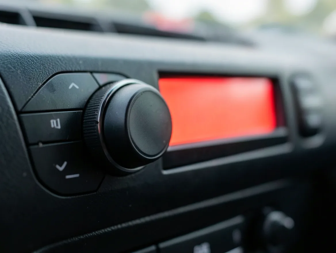 Close-up of a car radio head unit volume knob and illuminated display