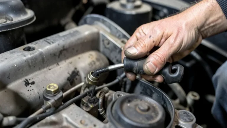 Mechanic diagnosing a car running rich by checking a spark plug