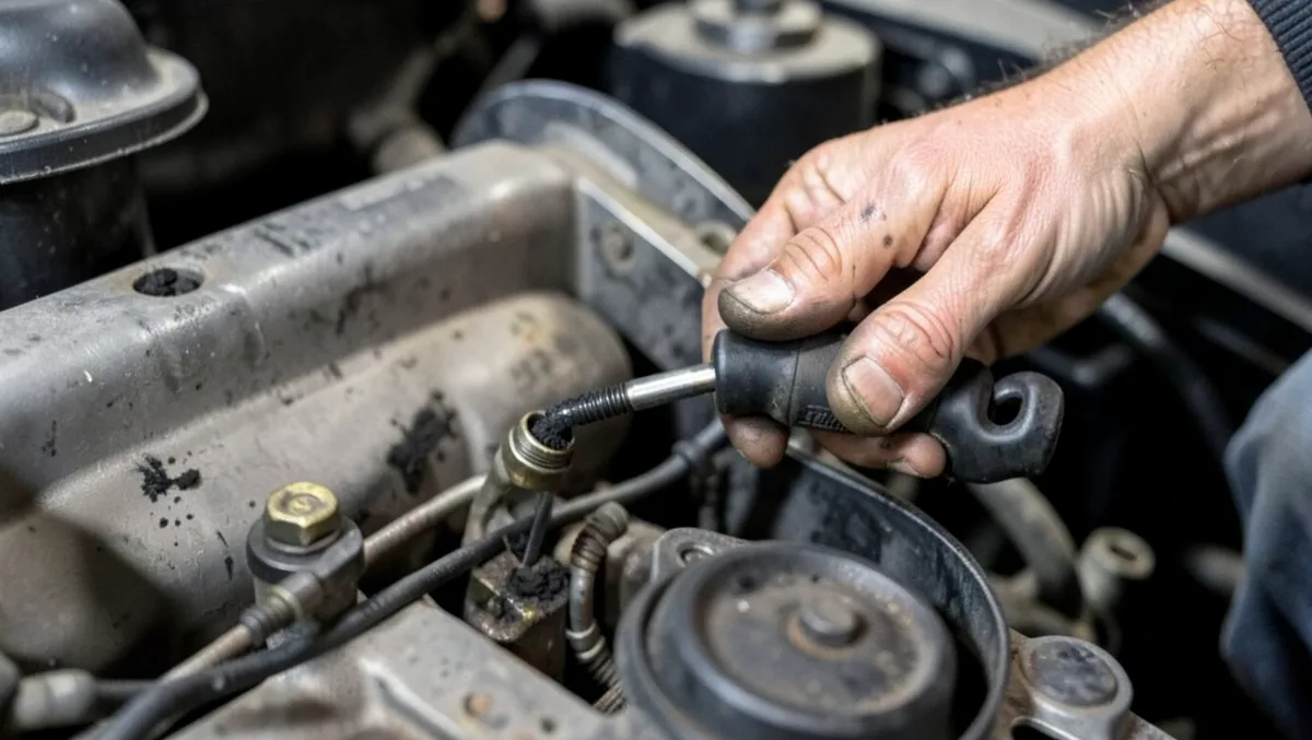 Mechanic diagnosing a car running rich by checking a spark plug