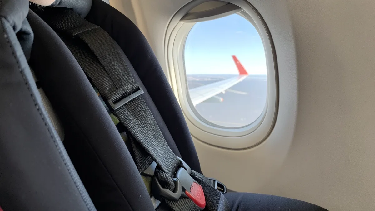 Close-up of a car seat five-point harness buckle with the airplane window and wing visible