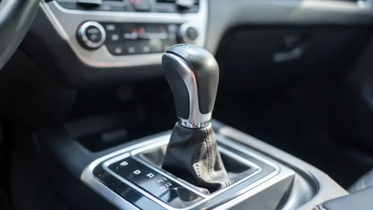 Automatic transmission gear shifter in the P park position on a car center console