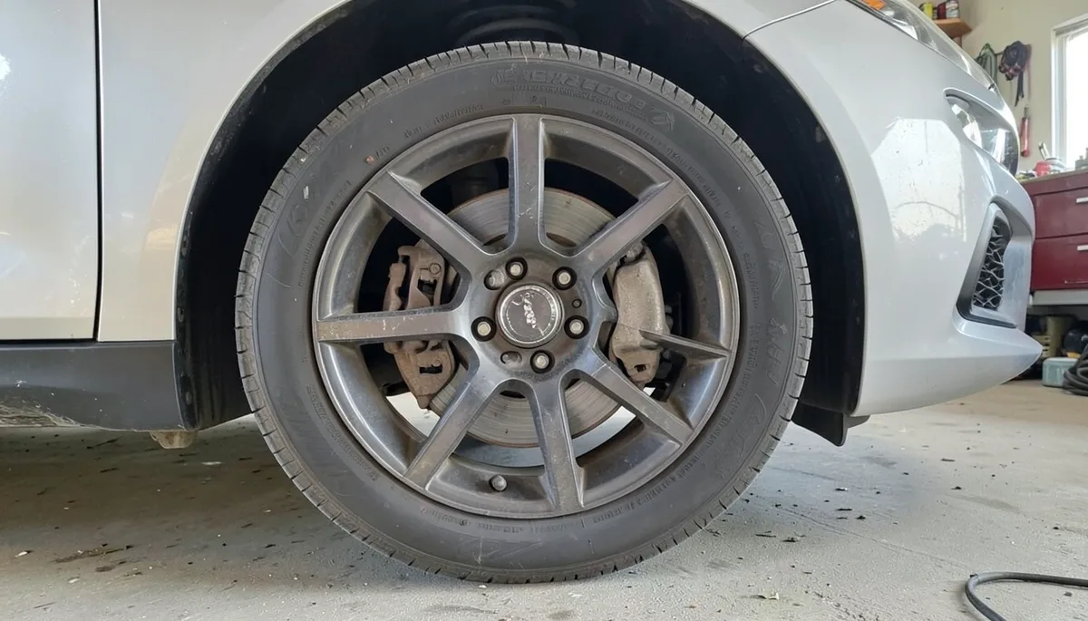 Car wheel with brake rotor and hub visible, the area where a failing wheel bearing is diagnosed