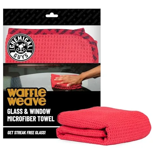 Chemical Guys red waffle weave microfiber glass towel folded, product packaging