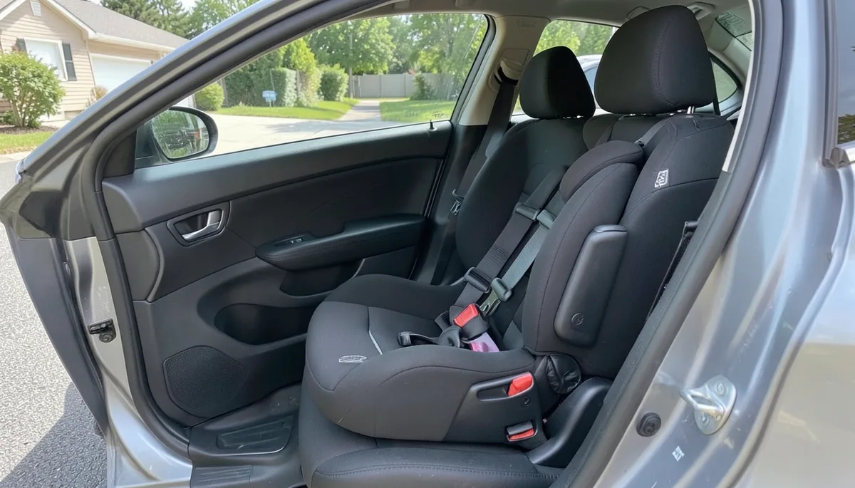 A child car seat installed in the back seat of a sedan with the door open