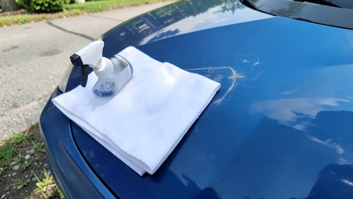 Microfiber cloth and spray bottle next to string residue on a car trunk