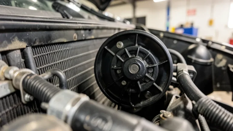 Close-up of a car engine bay showing a clutch-driven cooling fan mounted behind the radiator and water pump