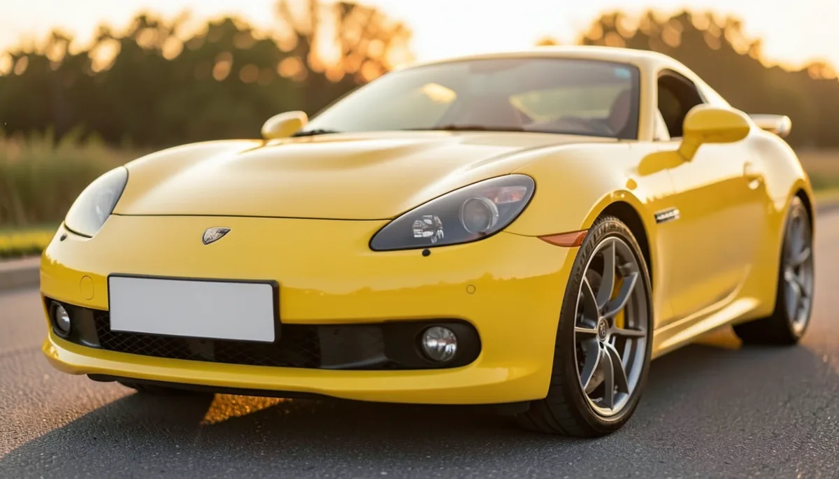 Yellow sports car with a blank front license plate mounted, ready to personalize
