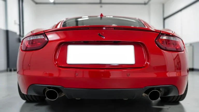 Red sports car with a blank front license plate ready for a custom name