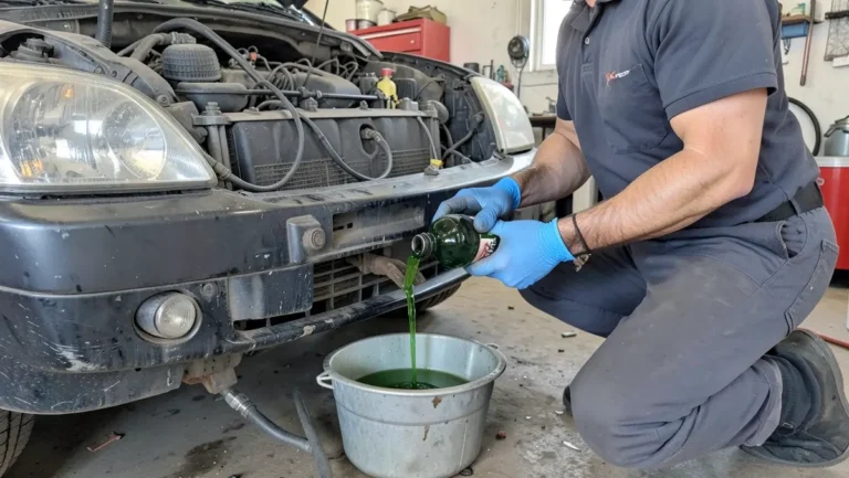 Mechanic pouring green coolant into a drain bucket while flushing a car radiator