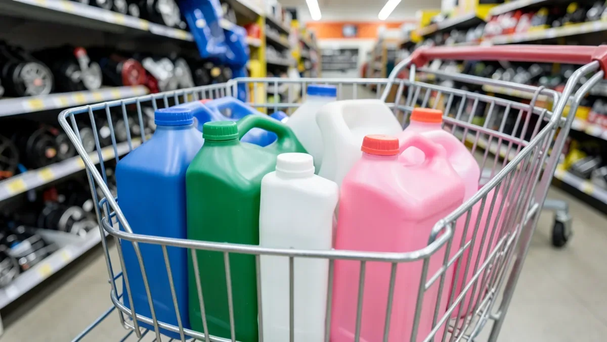 shopping cart holding several gallon jugs of antifreeze coolant in an auto parts store aisle