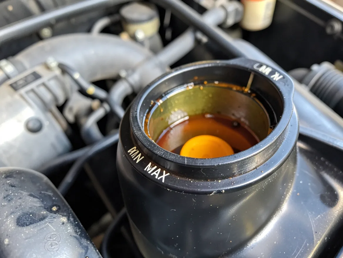 coolant reservoir tank showing fluid level between the min and max marks