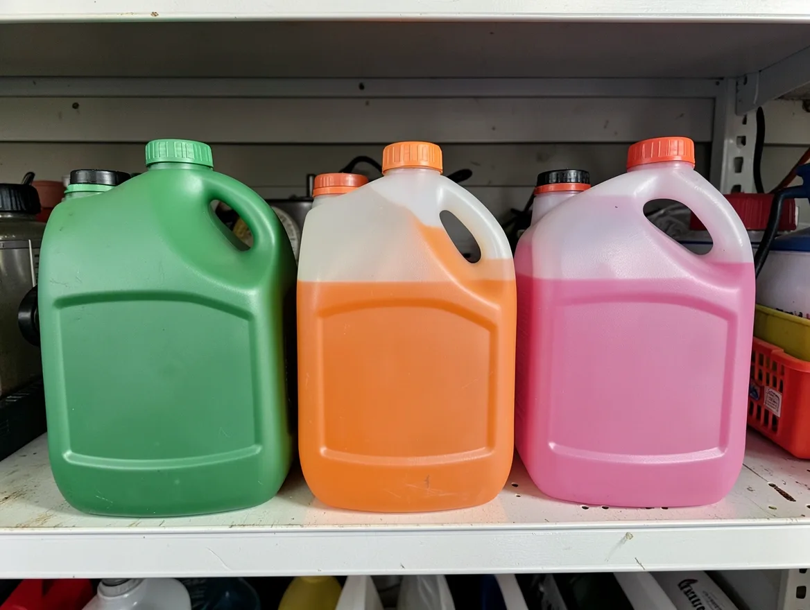 three different colors of automotive coolant jugs, green, orange, and pink, on a garage shelf