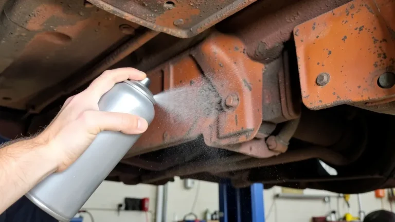 hand spraying a corrosion inhibitor spray onto the rusty undercarriage of a car