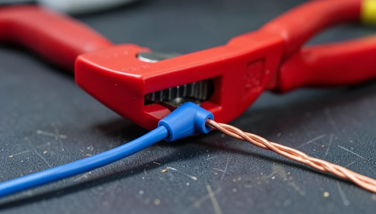 Red ratcheting crimp tool compressing a blue butt-splice connector onto a twisted copper car audio wire